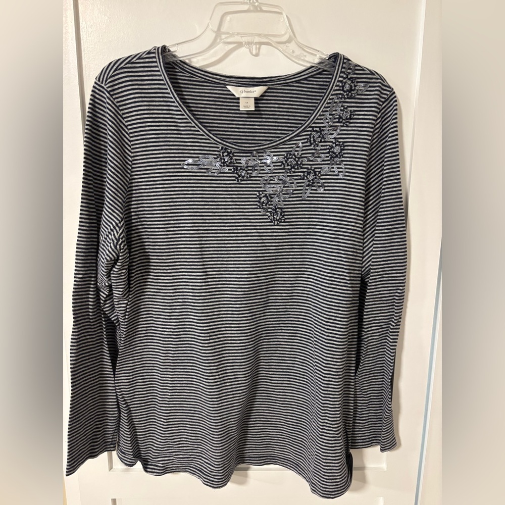 CJ Banks Navy/Gray striped Embellished Knit Shirt Size 2X